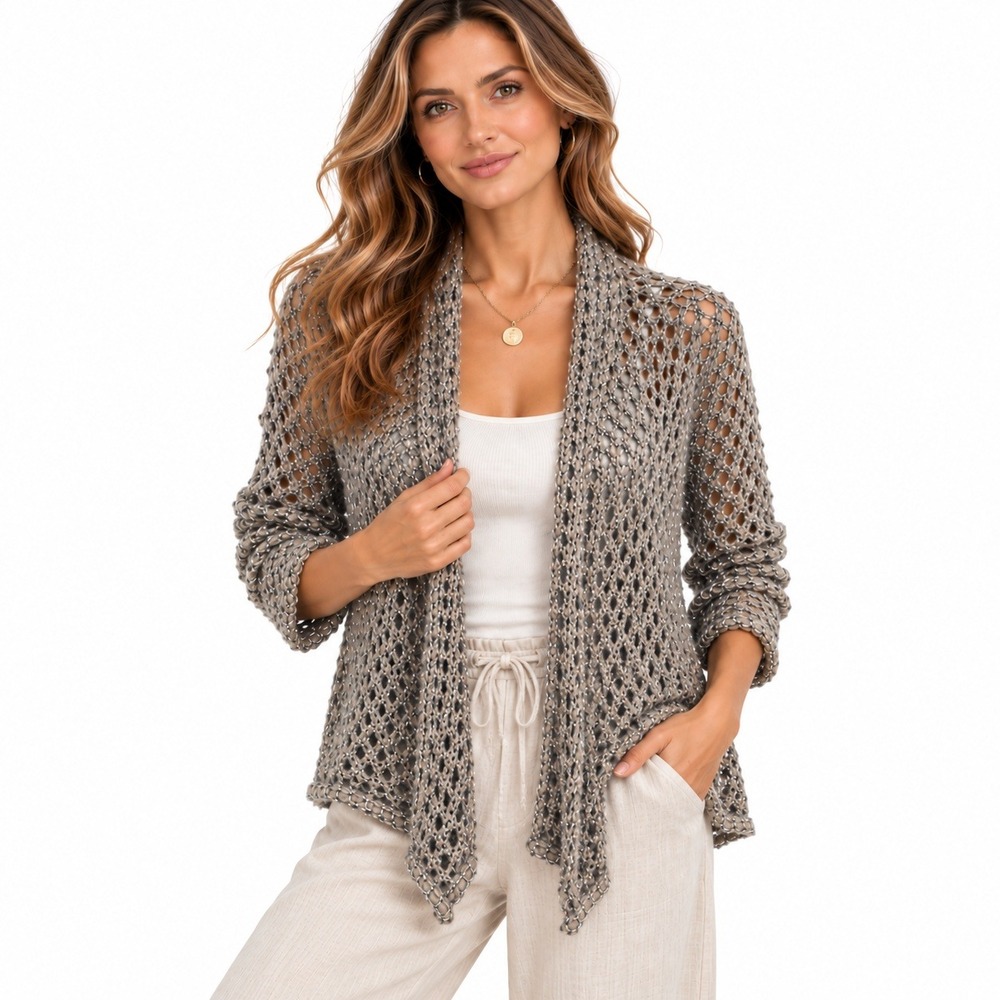 Eileen Fisher Wool Alpaca Cardigan PL Gray Open Knit Minimalist Quiet Luxury USA